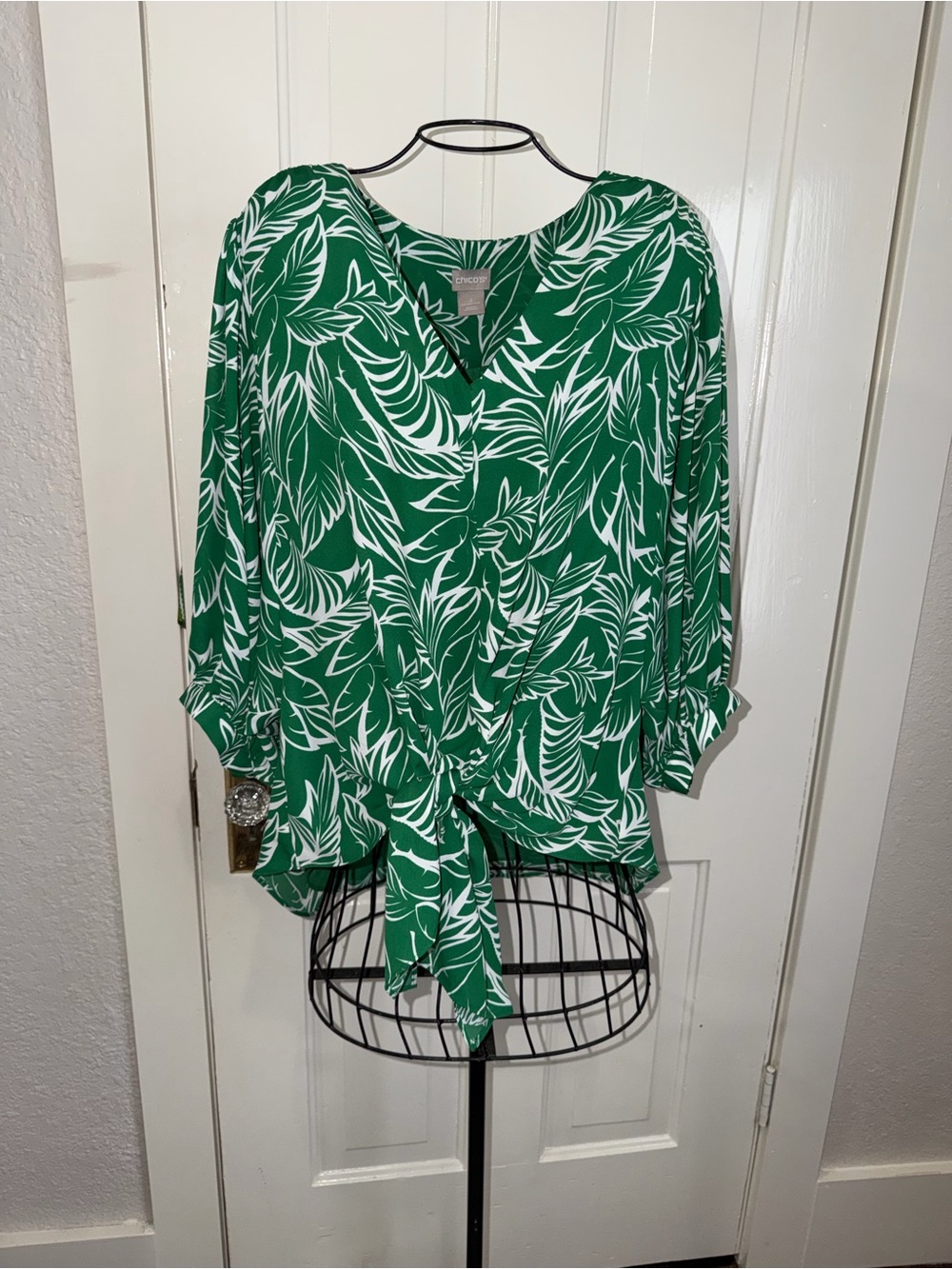 Chico's Green and White Leaf-Print Tie-Front Blouse
